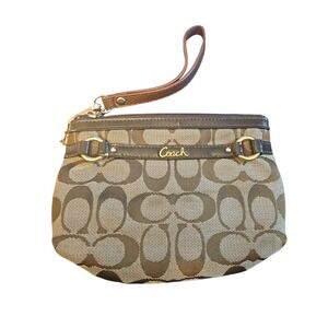 Coach Signature C Monogram Wristlet Pouch Brown‎ Tan Leather Strap